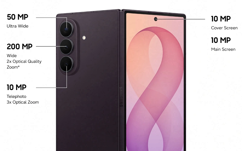 Behind the Ultra shot. Two folded Galaxy Z Fold8 Ultra devices in Violet Shadow. One is seen from the cover screen and one is seen from the rear. The front cameras are 10 megapixel cover screen and 10 megapixel main screen. The rear cameras are 50 megapixel ultra wide and 200 megapixel wide 2 times optical quality zoom. 10 megapixel telephoto 3 times optical zoom.