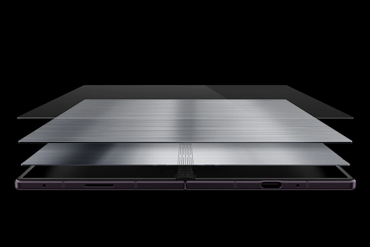 Unfolded Galaxy Z Fold8 Ultra is seen from a bottom view. Two titanium layers are seen between the device and the screen.