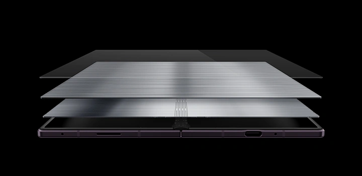 Unfolded Galaxy Z Fold8 Ultra is seen from a bottom view. Two titanium layers are seen between the device and the screen.