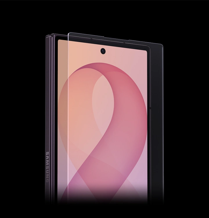 Folded Galaxy Z Fold8 Ultra is seen from the cover screen. A sheet of protective glass hovers over the screen before attaching to the device.