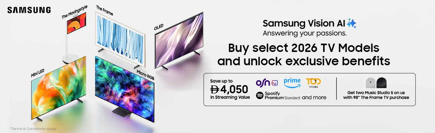 Samsung Vision AI 2026 TV models featuring The Frame, OLED, Mini LED, Micro RGB and The Movingstyle with exclusive streaming benefits.