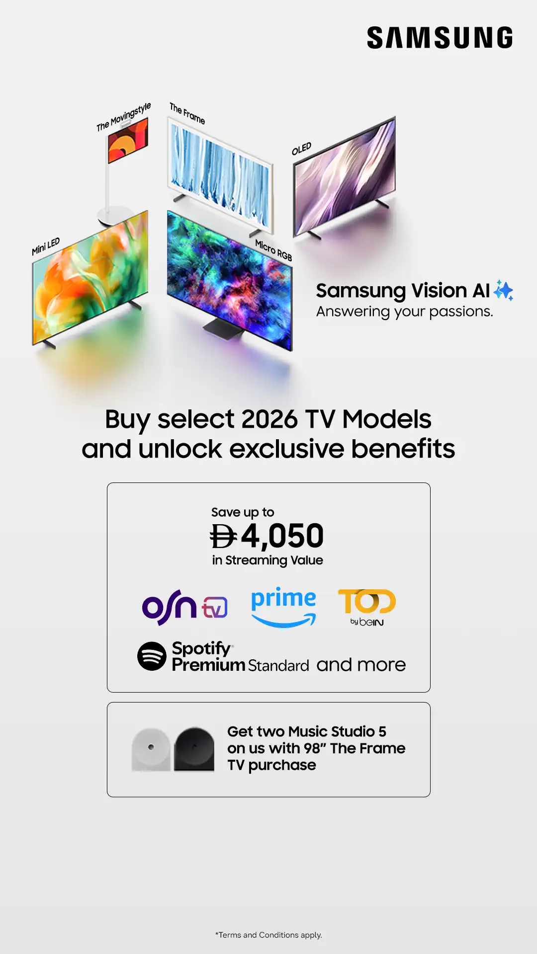 Samsung Vision AI 2026 TV models featuring The Frame, OLED, Mini LED, Micro RGB and The Movingstyle with exclusive streaming benefits.