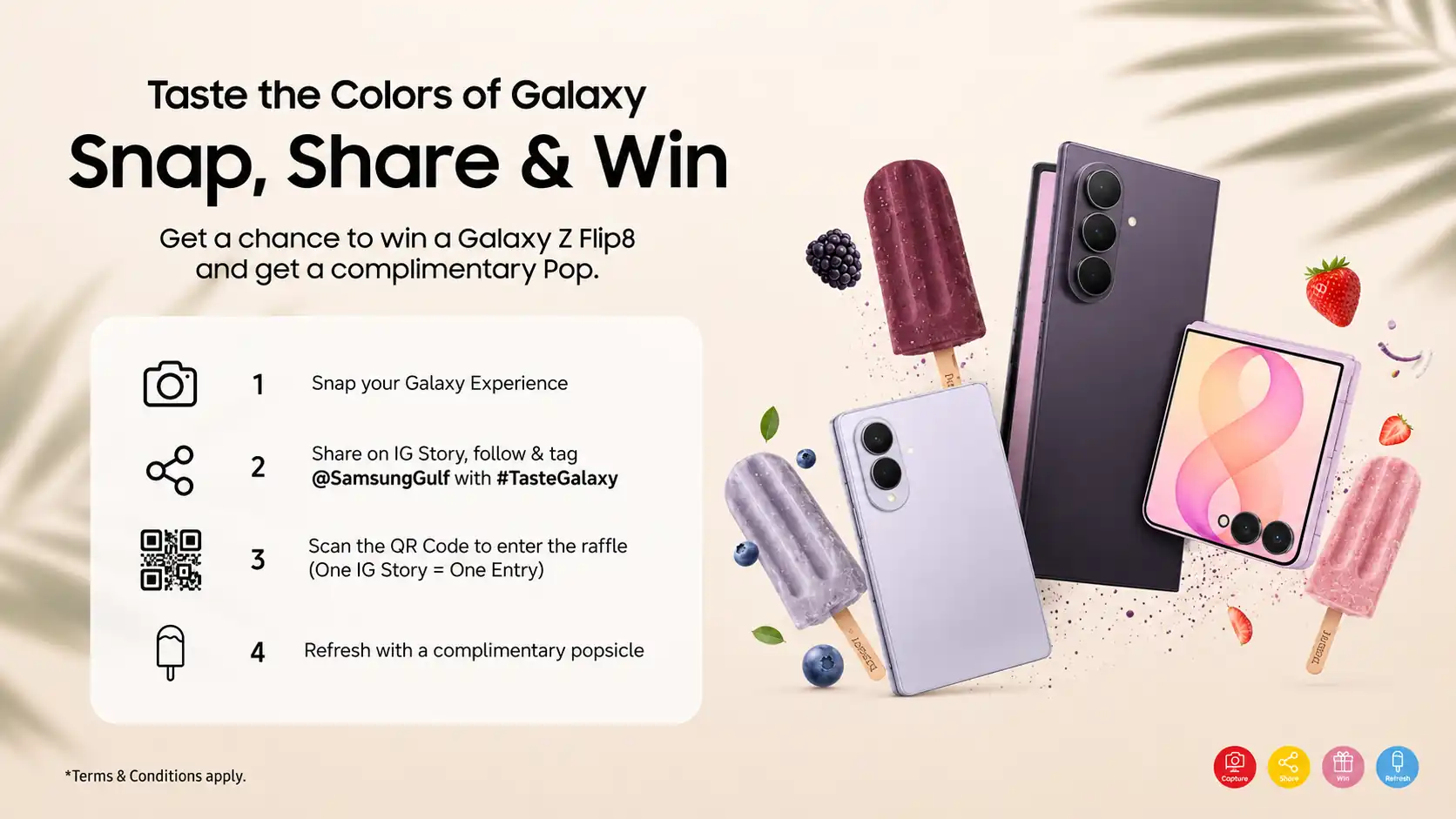 Taste the Colors of Galaxy — Snap, Share & Win key visual with Galaxy Z Series devices and fruit popsicles