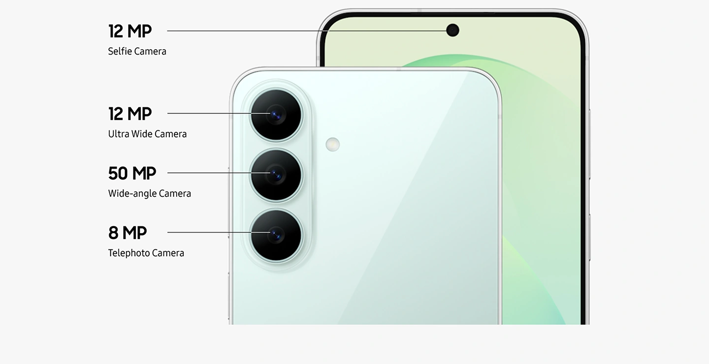 Close-up of the Triple Camera system on the back of Galaxy S26 FE in Pistachio with the Triple Camera lenses falling into place on the camera bump and a close-up of the Front Camera. Galaxy S26 FE is equipped with a 12 MP Ultra Wide Camera, 50 MP Wide-angle Camera and 8 MP Telephoto Camera on the back, and a 12 MP Selfie Camera.