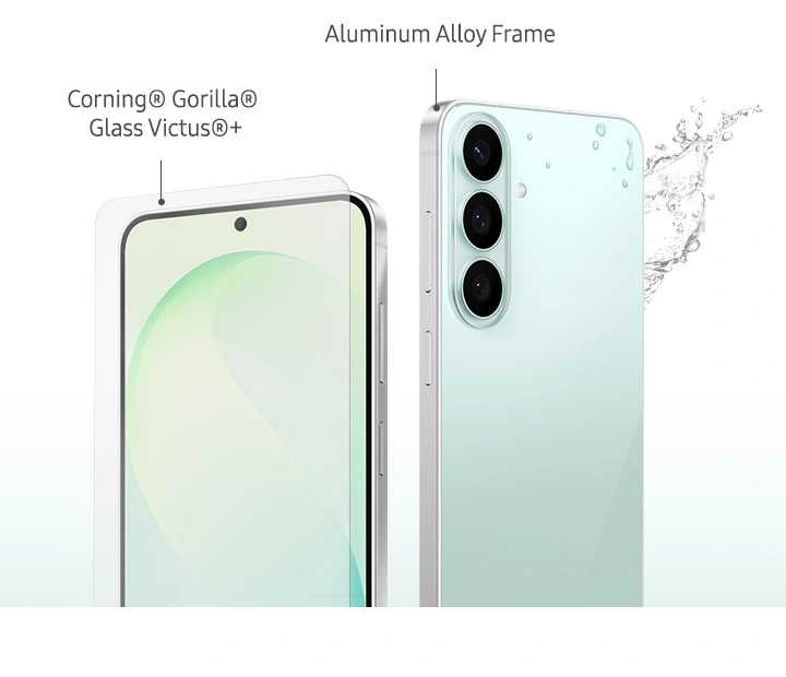 Two Galaxy S26 FE devices are shown from the front and rear, highlighting the Corning Gorilla Glass Victus+ display protection, aluminum alloy frame and durable design with water splash graphics.