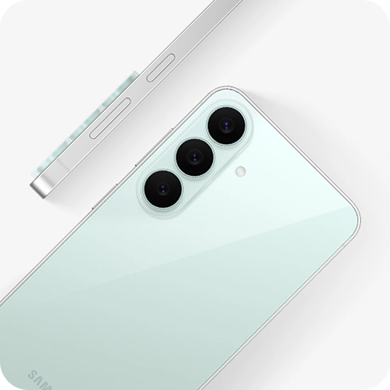 Galaxy S26 FE in Pistachio is seen at an angle from the back, highlighting the camera bump with the Triple Camera. Another Galaxy S26 FE in Pistachio is shown from the side view, highlighting the slim design.