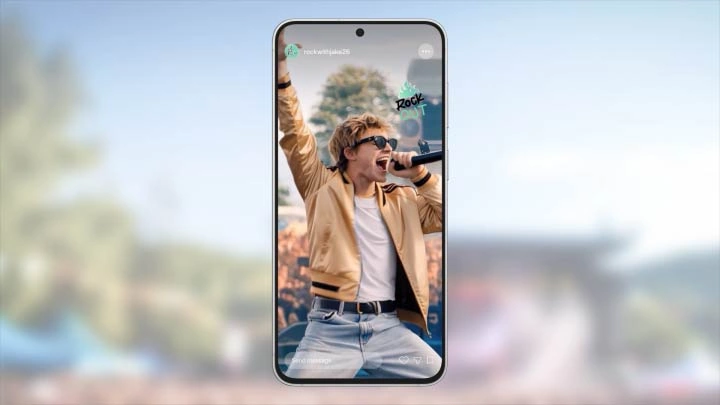 Three musicians perform on an outdoor stage. Followed by detection boxes around all three performers after the prompt says “Select someone to follow.” The lead singer is selected. The edited video becomes a subject-centered tracking shot that follows the singer on Galaxy S26 FE.