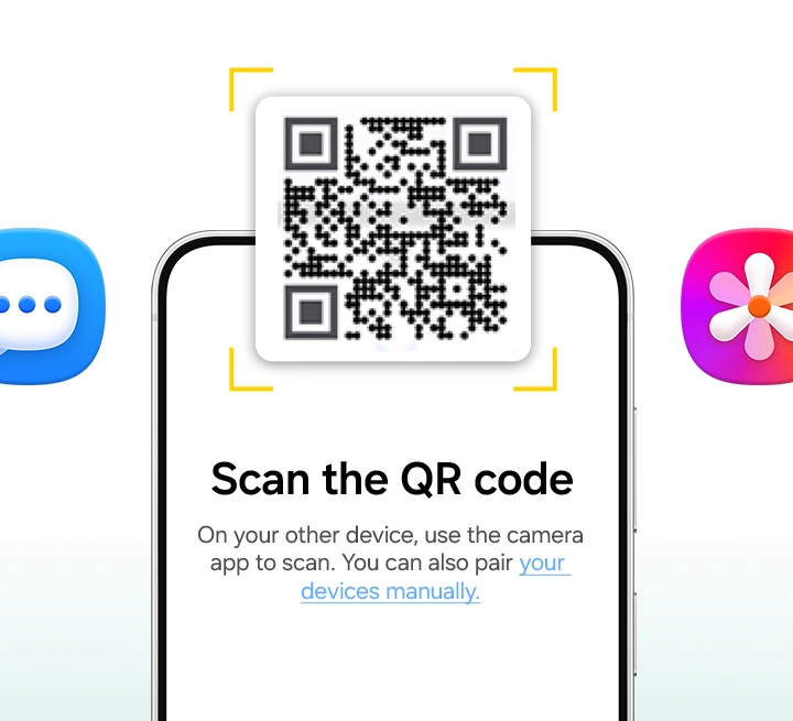 Galaxy S26 FE is shown from the front with a QR code above the display. On the display, text instructs users to scan the QR code with the camera on their other device or pair the devices manually. App icons float around the device, illustrating an easy transfer of data.