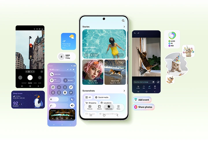 Galaxy S26 FE is seen from the main screen. Various active features that are more personalized to the user's needs and habits, flank the device. These include Creative Studio, Photo Assist and more.