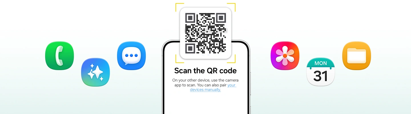 Galaxy S26 FE is shown from the front with a QR code above the display. On the display, text instructs users to scan the QR code with the camera on their other device or pair the devices manually. App icons float around the device, illustrating an easy transfer of data.
