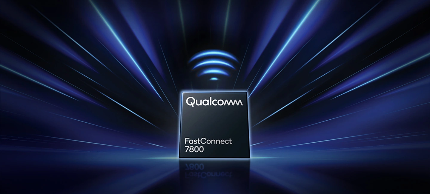 A Qualcomm FastConnect 7800 chip with a Wi-Fi signal icon above it, the background is radiating outward to represent fast wireless connectivity.