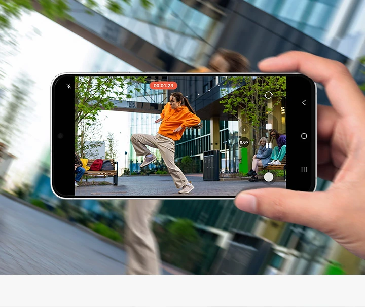 A video is shot on Galaxy S26 FE device. The user is using Super Steady to record someone dancing powerfully.
