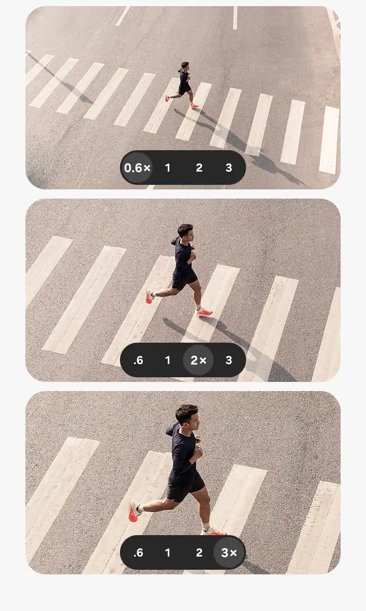 A photo of a person running across a city crosswalk, captured at 0.6x, 2x and 3x zoom to demonstrate that even when zoomed in, details remain clear and vivid.