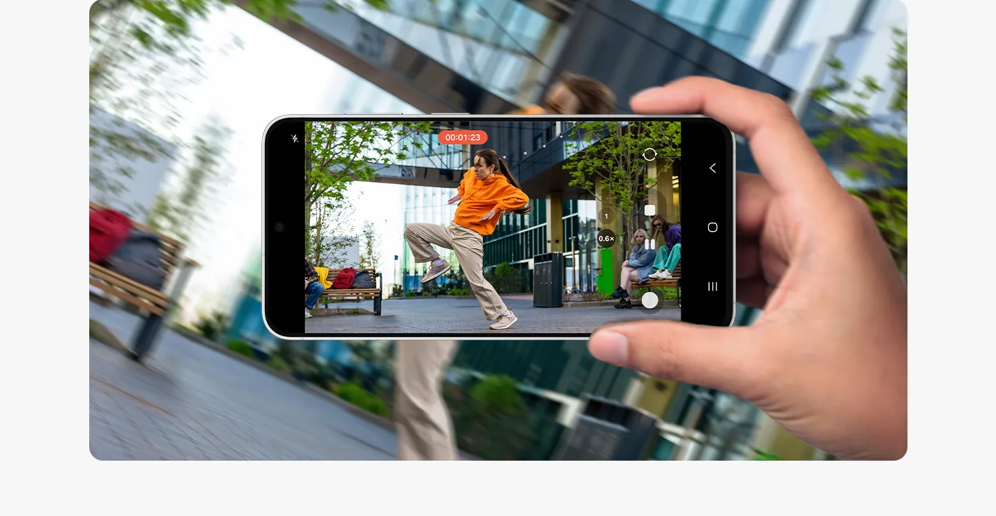 A video is shot on Galaxy S26 FE device. The user is using Super Steady to record someone dancing powerfully.