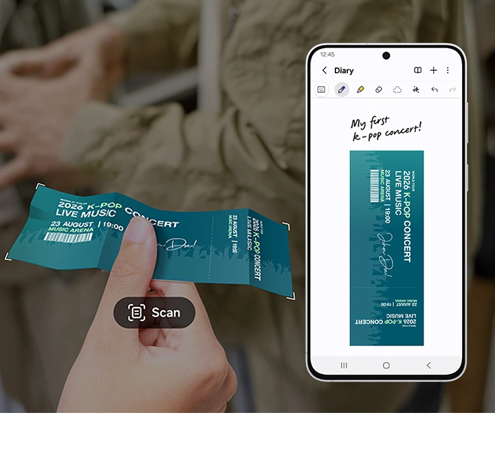 A hand holds out a crumpled ticket to a K-pop concert. The Scan button of Document Scan is shown. A Galaxy S26 FE phone shows a clean scan of the ticket on screen in Samsung Notes with the words My first K-pop concert.