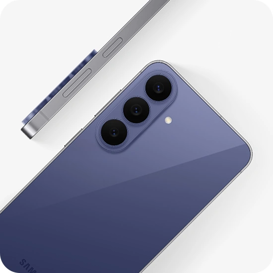 Galaxy S26 FE in Blueberry is seen at an angle from the back, highlighting the camera bump with the Triple Camera. Another Galaxy S26 FE in Blueberry is shown from the side view, highlighting the slim design.
