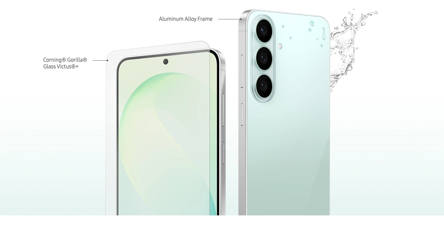 Two Galaxy S26 FE devices are shown from the front and rear, highlighting the Corning Gorilla Glass Victus+ display protection, aluminum alloy frame and durable design with water splash graphics.