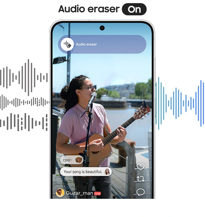 Galaxy S26 FE shows Audio eraser being used to edit a video of a person busking outdoors in noisy condition. Audio eraser ON. Audio waves are shown entering chaotically into the Audio eraser and leaving in a smoother formation to illustrate how it cleans up sound.