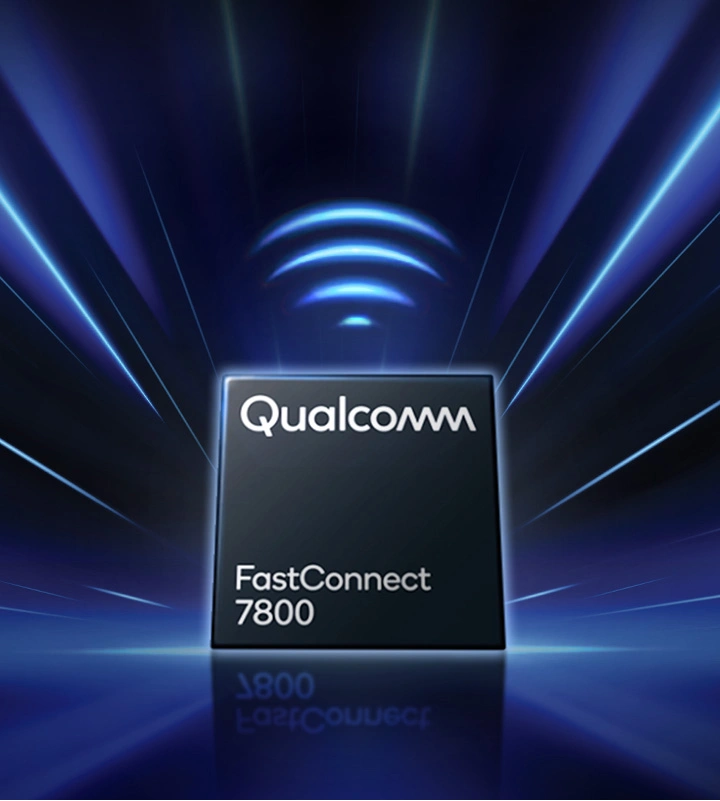 A Qualcomm FastConnect 7800 chip with a Wi-Fi signal icon above it, the background is radiating outward to represent fast wireless connectivity.