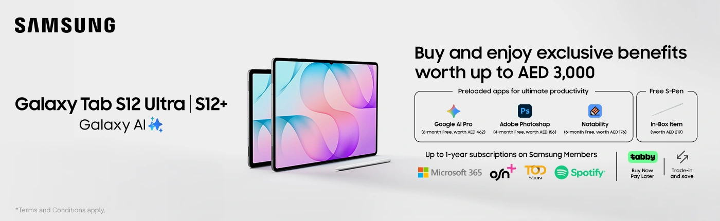 Samsung Galaxy Tab S12 Ultra and S12+ with Galaxy AI, S Pen, and exclusive UAE offers worth up to AED 3,000, including premium app subscriptions.