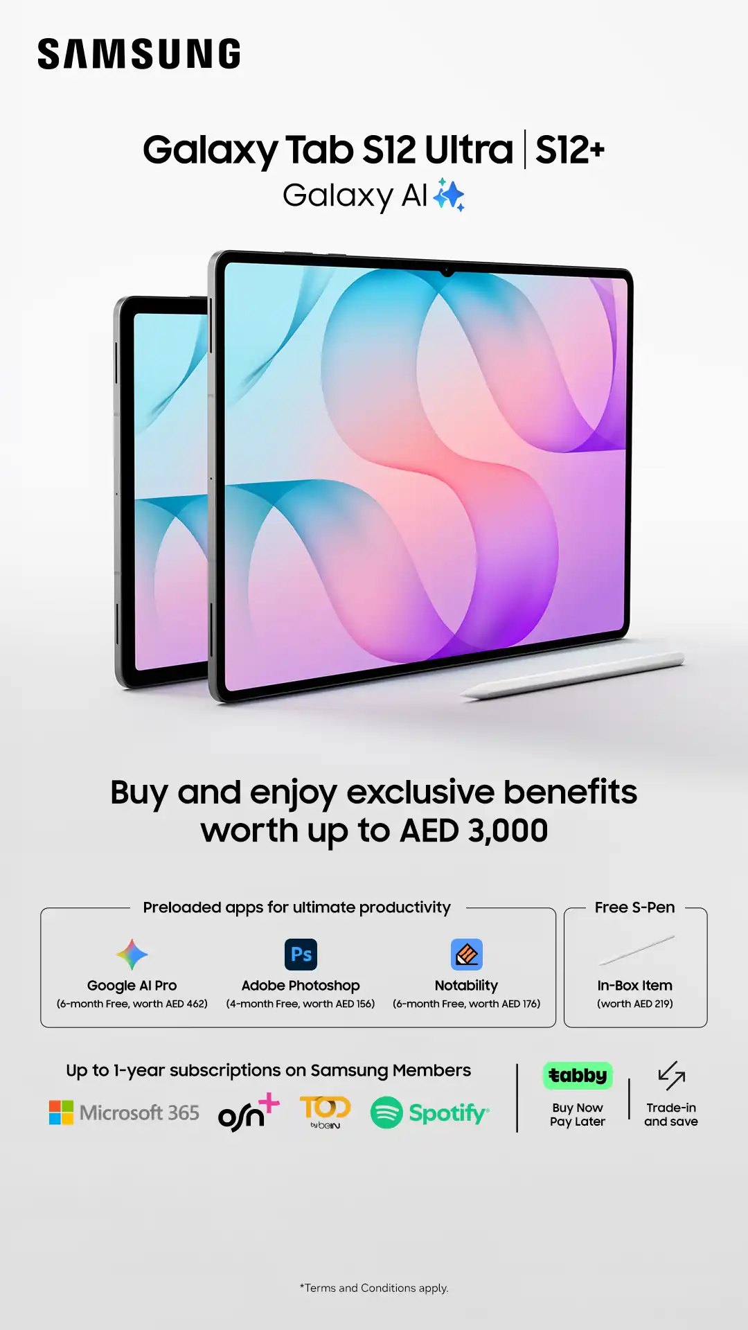 Samsung Galaxy Tab S12 Ultra and S12+ with Galaxy AI, S Pen, and exclusive UAE offers worth up to AED 3,000, including premium app subscriptions.