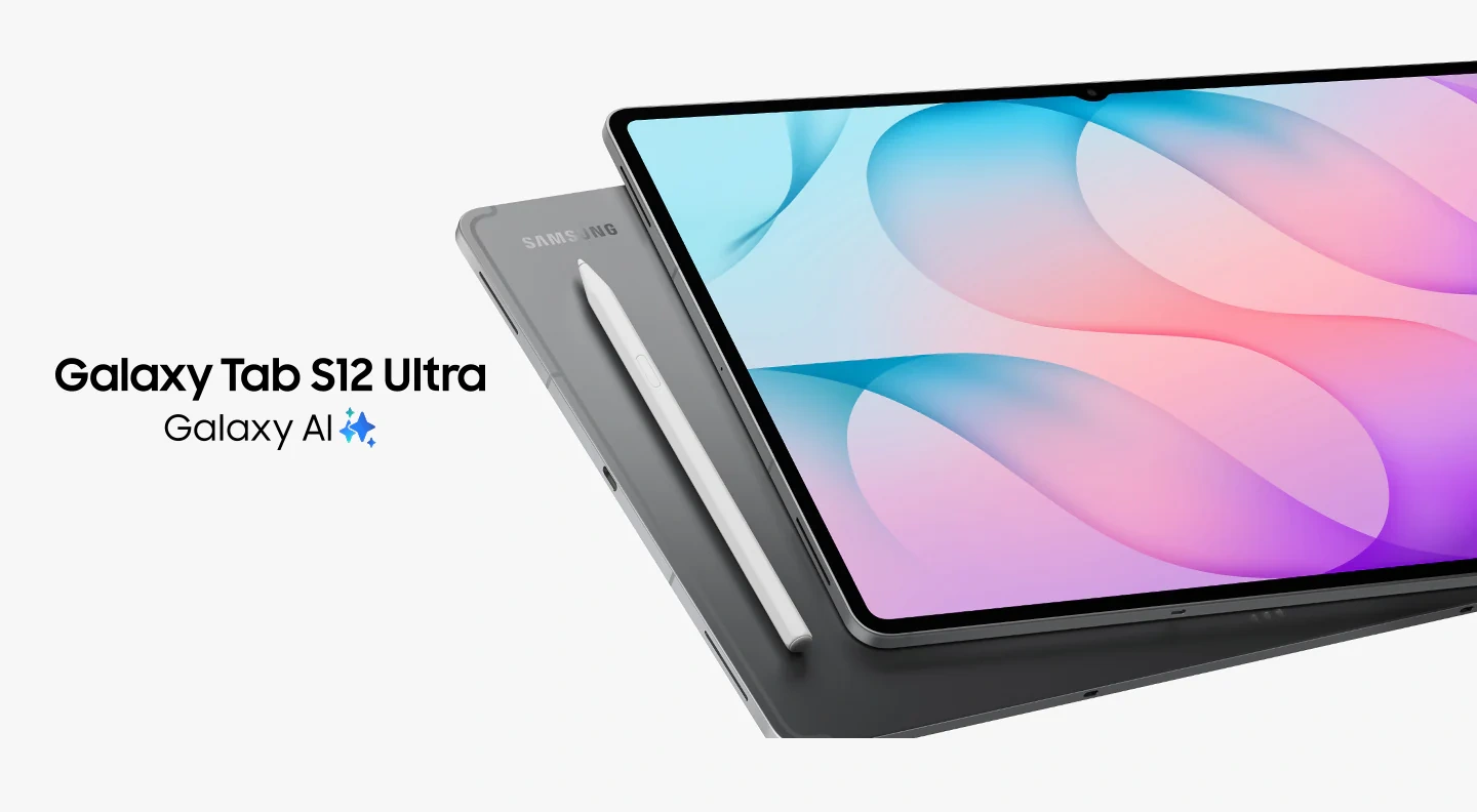 Samsung Galaxy Tab S12 Ultra with its included S Pen, shown in Gray with a colourful display