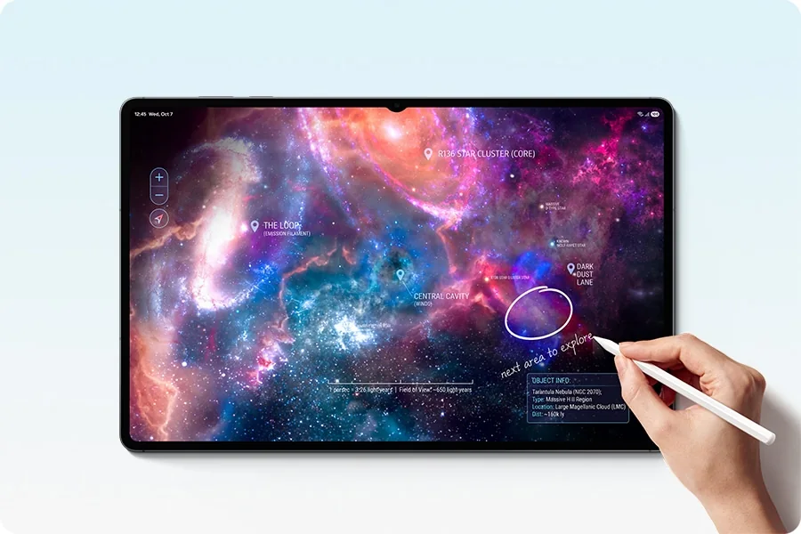 A person using the Galaxy Tab S12 Ultra S Pen to annotate a galaxy image on the tablet display